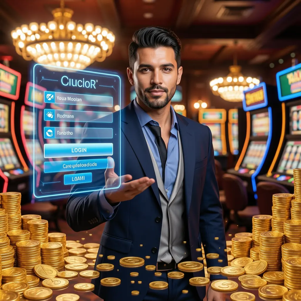 7MAXIN Login – Enter your account and start winning today Confident casino host surrounded by golden coins and futuristic lights standing before a login interface representing trusted access at 7MAXIN for Mexico